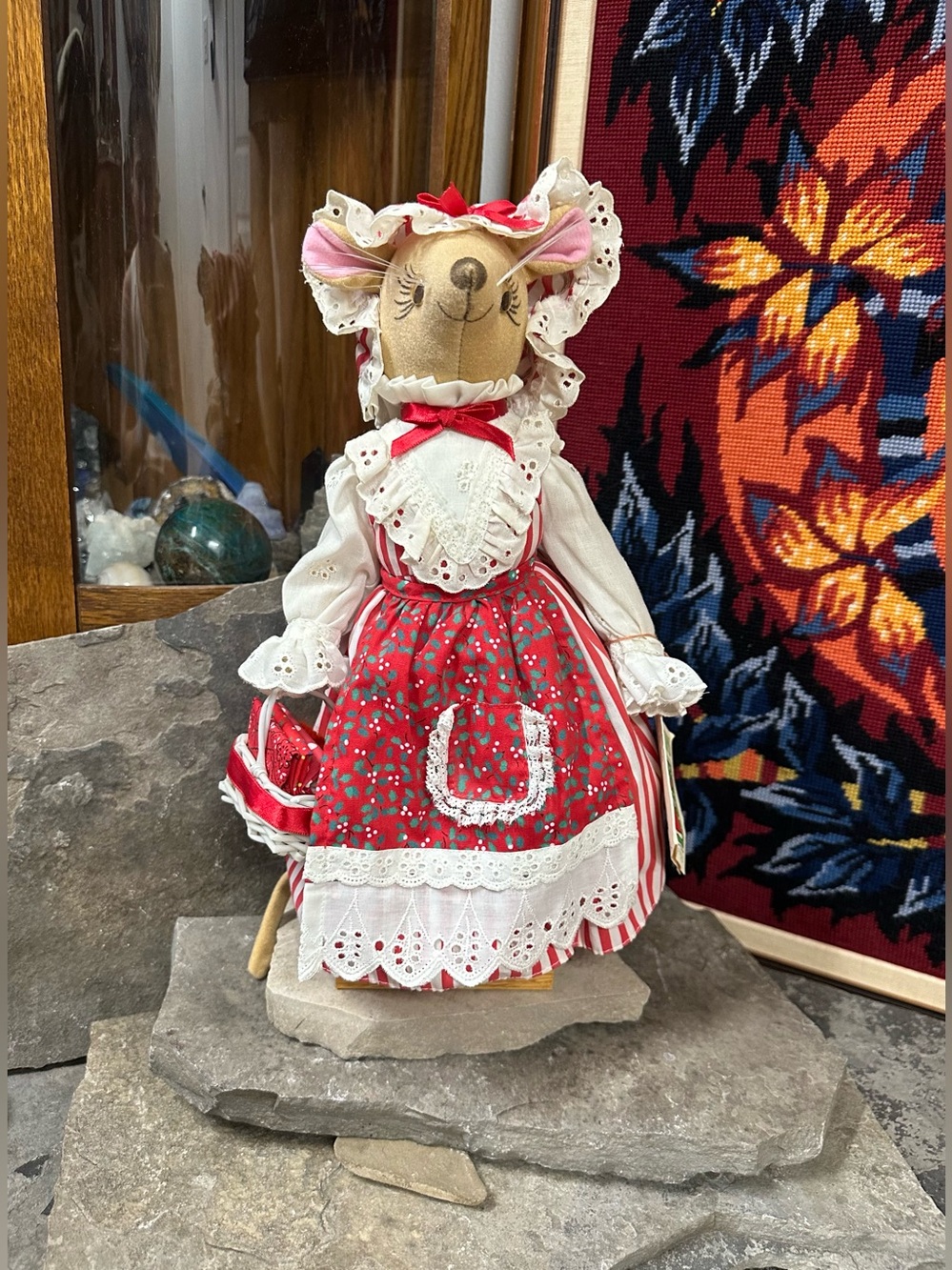 Handcrafted Country Mousekins Doll in Red Floral Dress